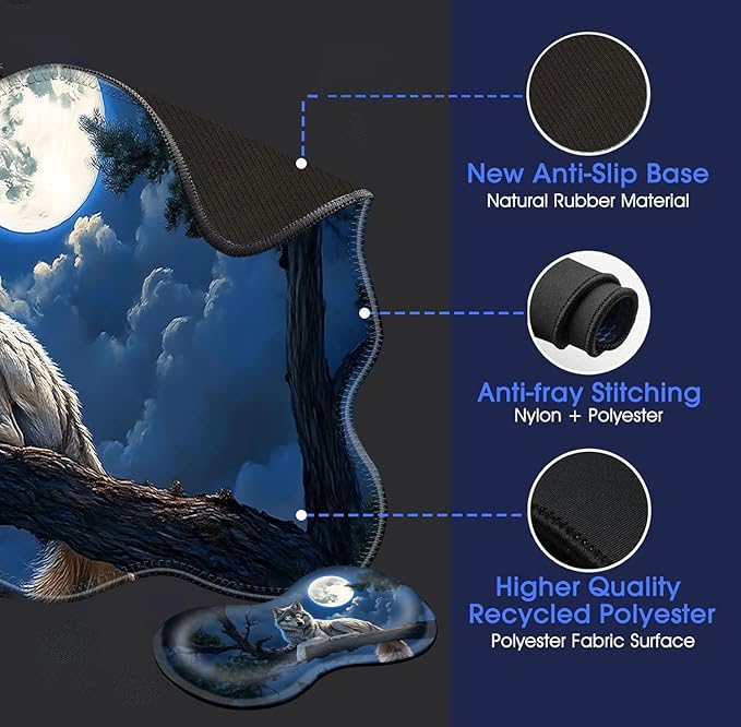 Large Mouse Pad and Keyboard Wrist Rest Desk Pad for Keyboard and Mouse 4-in-1 Large Gaming Mouse Pad with Wrist Support Desk Mat for Home Office Study Game-Wolf in The Moonlight