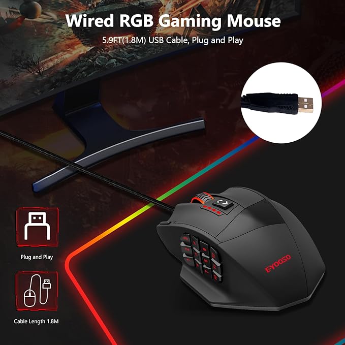 Premium Wired MMO Gaming Mouse For MOBA/FPS/RPG16400 DPIRapid Fire One-Button Triple Shot5.9FT Cable5 RGB Backlit18 Programmable Side Buttons 8 x 2.4g Weight TuningFor PC Computer/Desktop