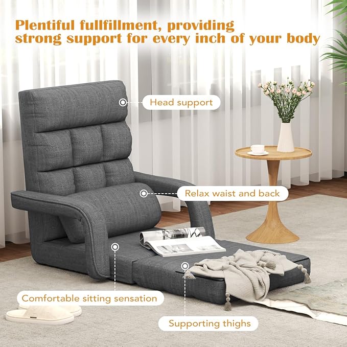 Floor Gaming Chair 6 Position Adjustable Indoor Chaise Lounge Chair for Teens Adults Padded Folding Meditation Sofa Chair with Armrests and Pillow Comfy Chair for Teens Adults Pets - Black
