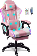 Gaming Chair with 7-Point Massage Function Ergonomic Computer Chair with Footrest and Lumbar Support Video Gaming Chair with RGB Lights and Speakers Adjustable Backrest Swivel ChairPink