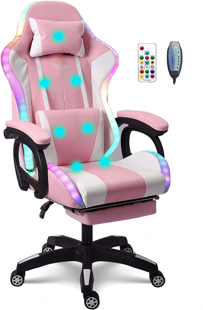 Gaming Chair with 7-Point Massage Function Ergonomic Computer Chair with Footrest and Lumbar Support Video Gaming Chair with RGB Lights and Speakers Adjustable Backrest Swivel ChairPink