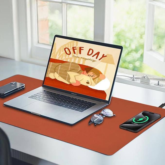 Desk Mat with Wireless Charging Brown Mouse Pad with Wireless Charger Desk Pad Matt for Desktop Mousepad Gaming Large Mouse Pad Leather Compute for Keyboard and Mouse 32 x 16