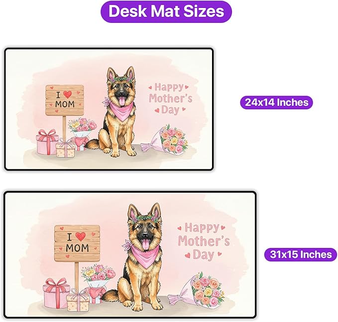 Happy Mother's Day German Shepherd Love Dog Mom Heart Flower Desk Mat Full Keyboard Mouse Pad Alsatian Dog Lover Gifts Large Mousepad 12004