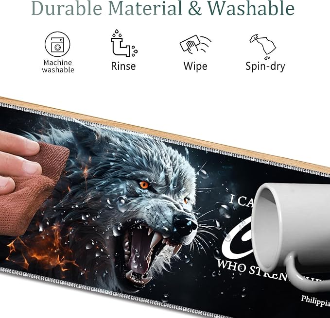 4 in 1 Mouse Pad Combo Large Gaming Mouse Pad + Keyboard Wrist Support + Mouse Wrist Rest + Coaster Table Pad 31.5 x 11.8 with Memory Foam Ergonomic Wrist Pad Set Ferocious Wolf