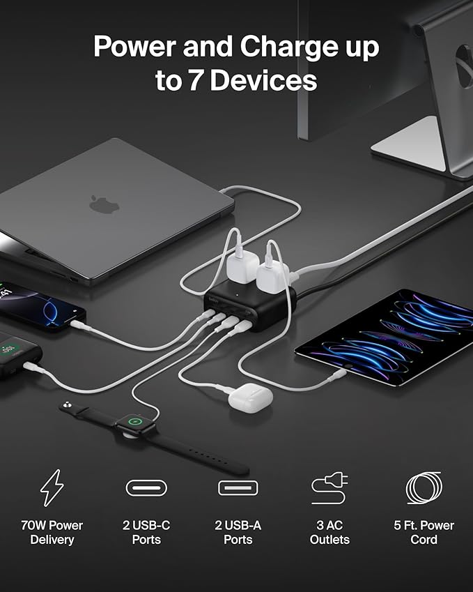 Belkin GaN Charging Station 70W 7-in-1 Dual USB C Charger w/ 3X AC Outlets 2X USB A Ports - Power Strip for iPhone Apple Watch iPad MacBook Chromebook Samsung Galaxy Pixel 10 &amp More - Bla