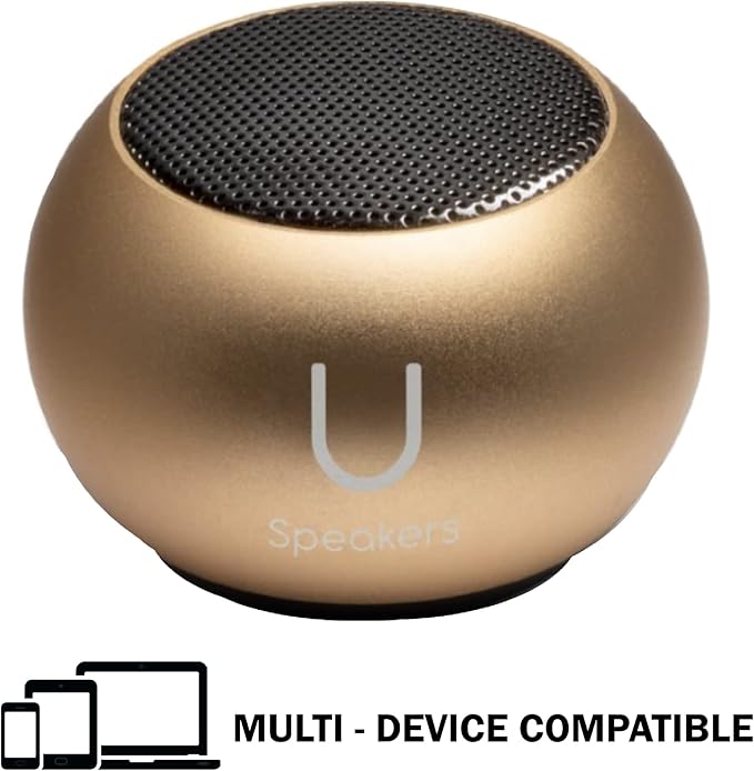 Fashionit U Speakers Mini Bluetooth Computer Speaker 2-Pack Bundle with Matching Speaker Built-in Mic &amp Selfie Remote Control for Workspace Desktop Laptop Mobile Tablet PC - Gold