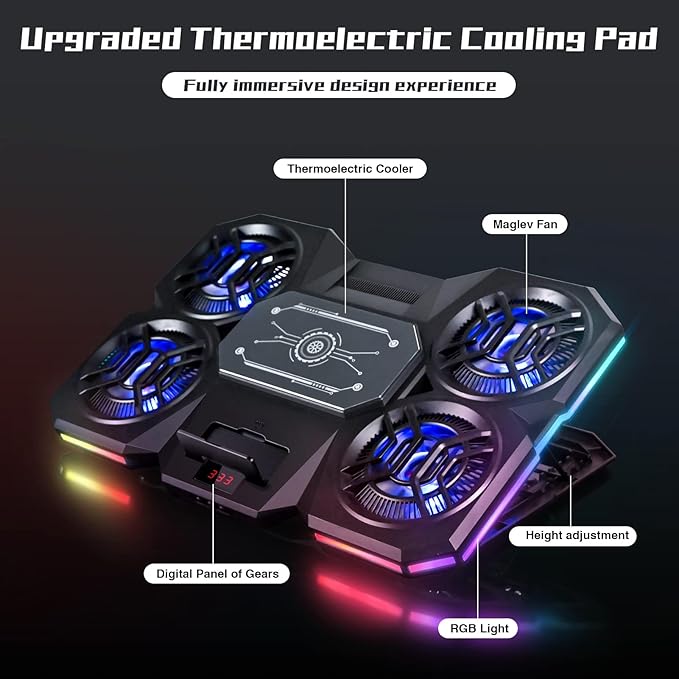 Laptop Cooling Pad with Thermoelectric Cooler and 4 Fans Powerful Laptop Cooler Independent Control Multi-Gear Adjustment RGB 14-21 Inch Laptop Stand (Laptop Cooling Pad)
