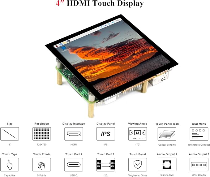 4inch HDMI LCD Square Capacitive Touch Screen Compatible with Raspberry Pi 5/4B/3B+/3B/2B/Zero/Zero W//Zero 2W/Jetson Nano/Windows 11/10/8.1/8/7 720x720 Resolution IPS Display USB-C Port