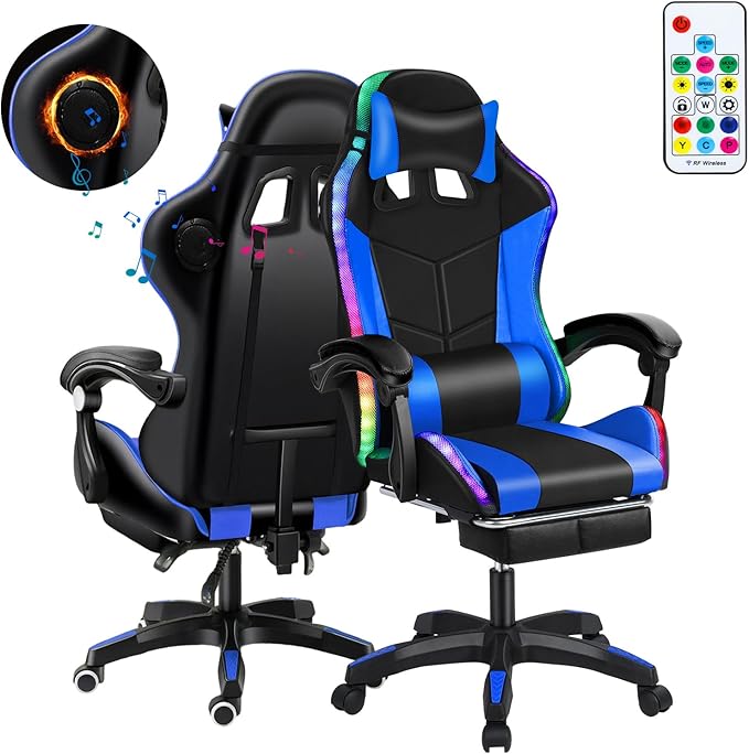 Gaming Chair with Bluetooth Speakers Lights &amp Massage Ergonomic High-Back Office Chair with Retractable Footrest 360° Swivel Adjustable Faux Leather Computer Chair for Home &amp Office