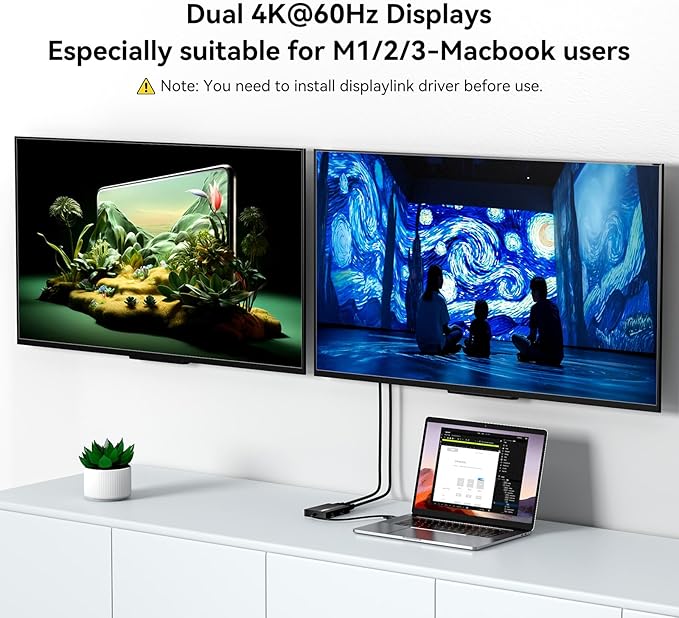 ACASIS USB C to Dual HDMI DisplayLink Adapter 4K@60Hz 2 HDMI &amp 3 USB-A Ports 100W PD Charging USB C DisplayLink Docking Station for Mac M1/M2/M3/WindowsUSB A/C to Dual Monitor Adapter (Black)
