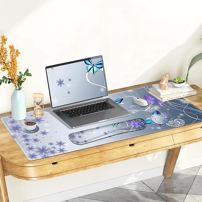 Cute Butterfly Desk Mat Florals 4 in1 Large Gaming Mouse Pad Set Ergonomics Keyboard Pad with Memory Foam Wrist Rest Extended Game Mousepad Non-Slip Desk Protector Matt Easy Typing Pain Relief