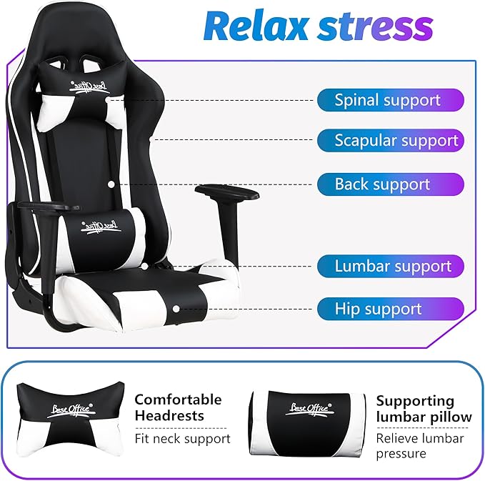 PayLessHere Gaming Chair Desk Chair Ergonomic High Back Computer Chair with Adjustable Lumbar Support Armrests and Racing-Inspired Design for Office and Home Use (White)
