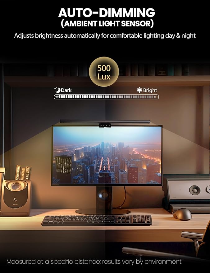 Monitor Light Bar 19.7” No-Glare Asymmetric Screen Lamp Auto-Dimming CRI Ra97 2700K–6500K &amp Stepless Dimming Touch Control Includes 5V/2A Adapter Fits 0.2–1.1” Monitors (Not for Laptops)
