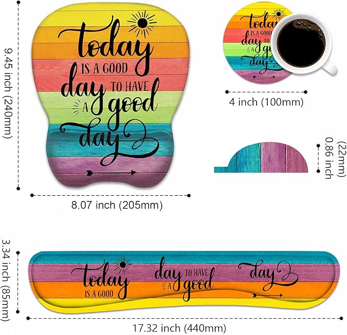 Mouse Pad Wrist Support and Keyboard Wrist Rest Set with Coasters Today is a Good Day to Have a Good Day Inspirational Quote with Non-Slip PU Base Ergonomic Mousepad for Computer Laptop Home Office