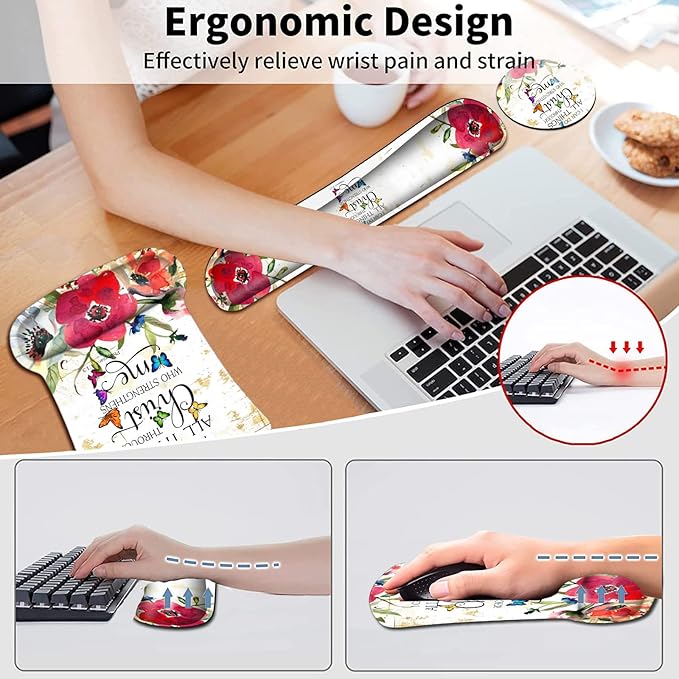 Mouse Pad with Wrist Support Ergonomic Memory Foam Keyboard Wrist Rest Comfortable Mouse Pad for Gaming/Working Gel Desk Pad Non-Slip PU Base Philippians 4-13 Watercolor Red Flower White Mousepads