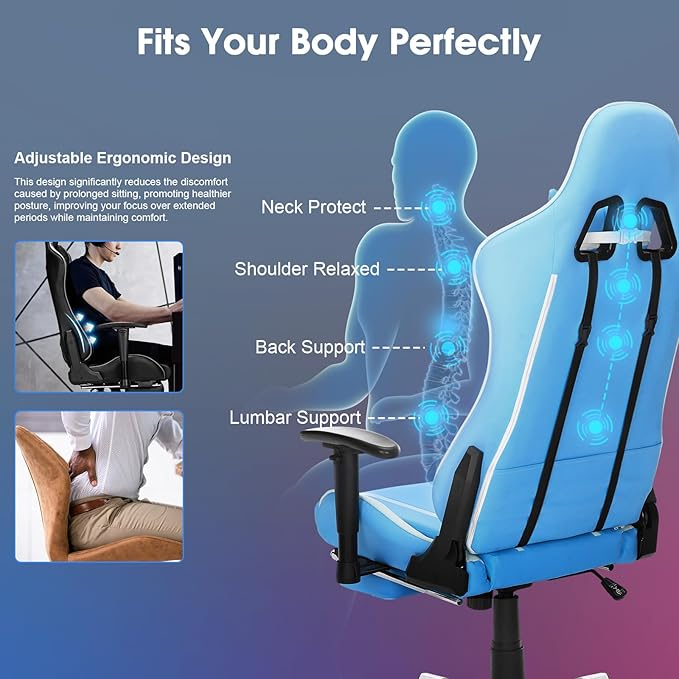 Gaming Chair Massage PC Gaming Chair Office Chair Ergonomic Computer Chair with Rolling Swivel Task Chair Lumbar Support Footrest Headrest Light Blue