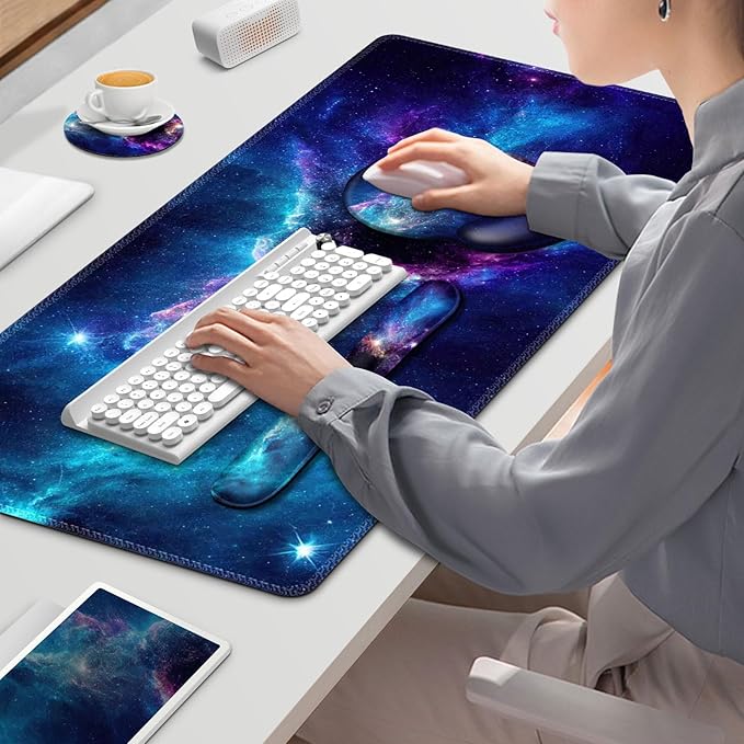 Gaming Mouse Pad Large Desk Mat Cute Desk Pad Protector 4in1 XXL Mousepad + Keyboard Wrist Rest+Mouse Wrist Rest+Coaster Set with Ergonomic Desk Pad for Home Office Table Computer Galaxy Space