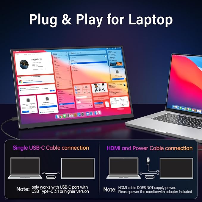 Portable Monitor 18.5 inch 100Hz FHD USB-C HDMI Travel Monitor w/Built-in Kickstand VESA &amp Speakers Eye Care HDR Portable Gaming Monitors