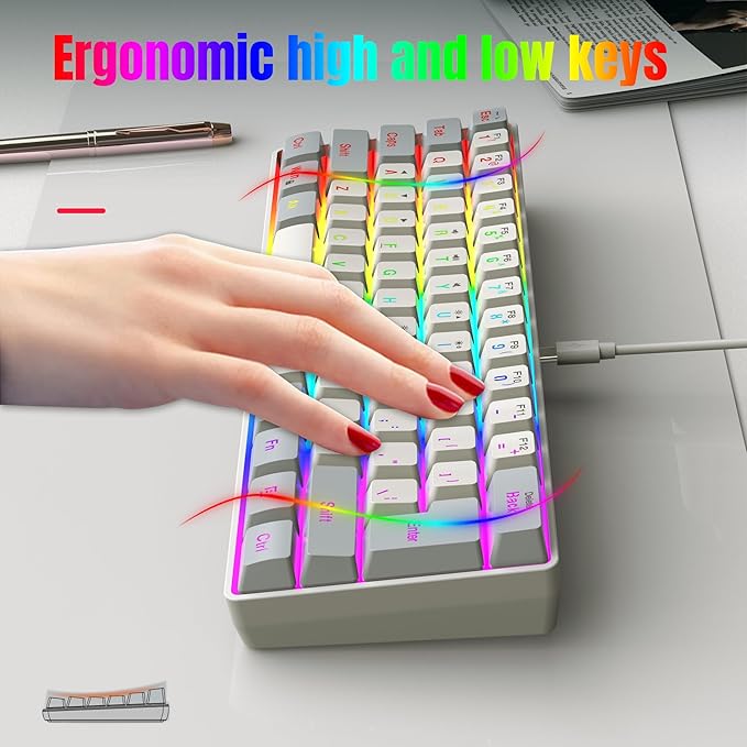 Snpurdiri 60% Wired Gaming Keyboard 61 Keys RGB Backlit Small Gaming Keyboard for PC/Mac Gamer Typist Travel Easy to Carry on Business Trip(Grey-White)