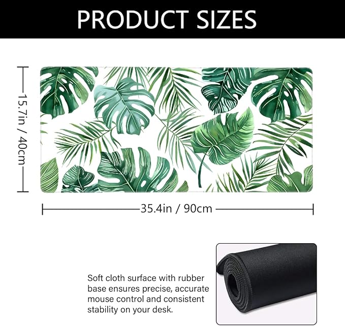 Summer Palm Leaf Large Mouse Pad Gaming Mousepad Desk Mat for Desktop Computer Keyboard Waterproof Mouse Mat Desk Pad with Non-Slip Base for Game School Office Home 35.4 x 15.7
