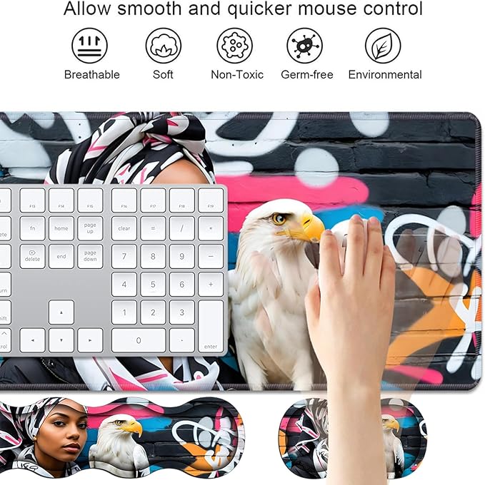 4 in 1 Ergonomic Keyboard Wrist Rest &amp Mouse Pad Wrist Rest Set Large XXL Gaming Desk Mat 31.5x 11.8 with Non-Slip Base Memory Foam for Home Office Study Gaming American Black Girl Bald Eagle