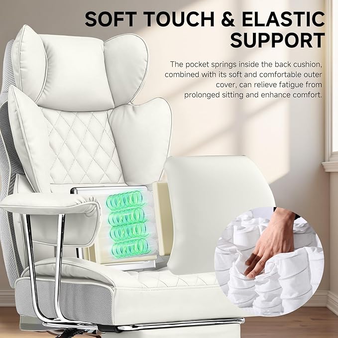 COMHOMA Big and Tall Office Chair High Back Leather Gaming Chair with Footrest Executive Ergonomic Office Chairs with Pocket Spring Lumbar Support and with Outward Fixed Soft Armrests
