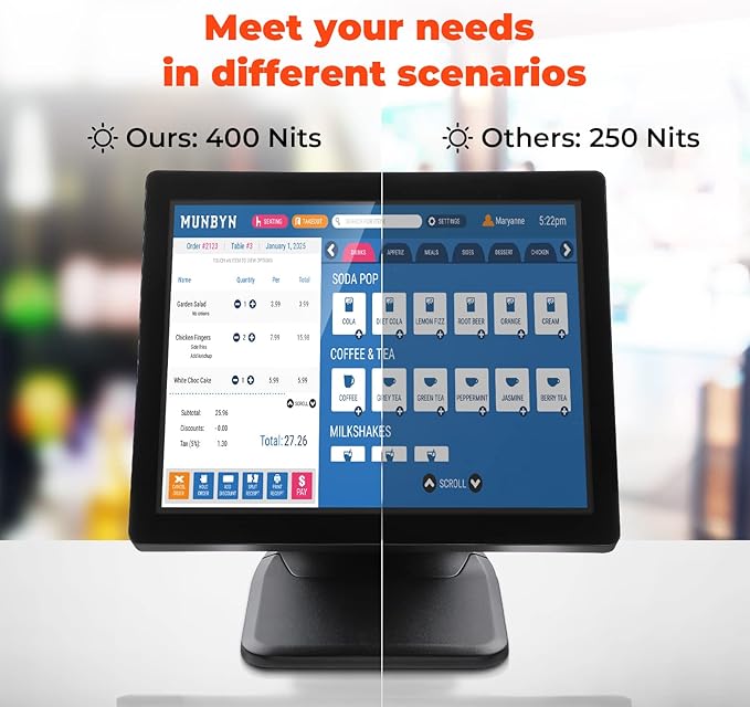 MUNBYN POS Touch Screen Monitor 17-inch 400 nits Flat Capacitive LED Touchscreen Monitor POS System and Black Cash Register Drawer 16 Wide Cash Drawer with Removable Coin Tray
