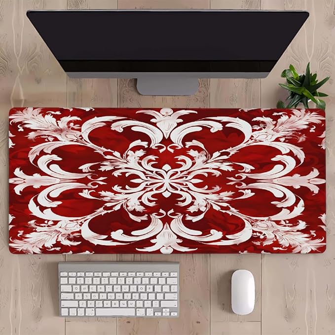 Abstract Red White Flower Large Mouse Pad Gaming Mousepad Desk Mat for Desktop Computer Keyboard Waterproof Mouse Mat Desk Pad with Non-Slip Base for Game School Office Home 35.4 x 15.7