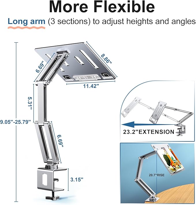 Laptop Mount for Desk Tablet Arm Mount with 360° Rotating Aluminum Laptop Tray Adjustable Foldable Computer Stand/Holder Fit for 11-15 Inch Laptops (Silver)