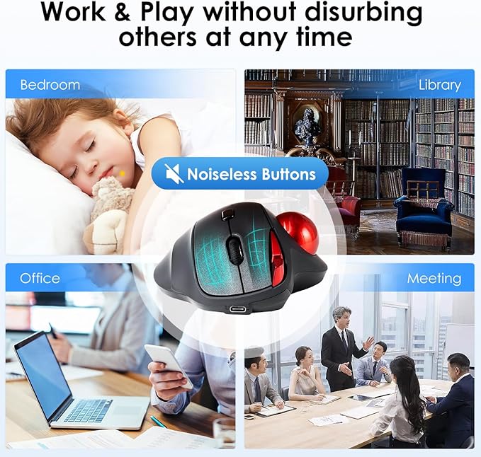 SANWA 2.4G Wireless Trackball Mouse Optical Ergonomic Rollerball Mice Programmable Silent Buttons USB-A &amp Type-C Receiver Thumb Control 4 DPI Rechargeable Compatible for PC Mac Windows La