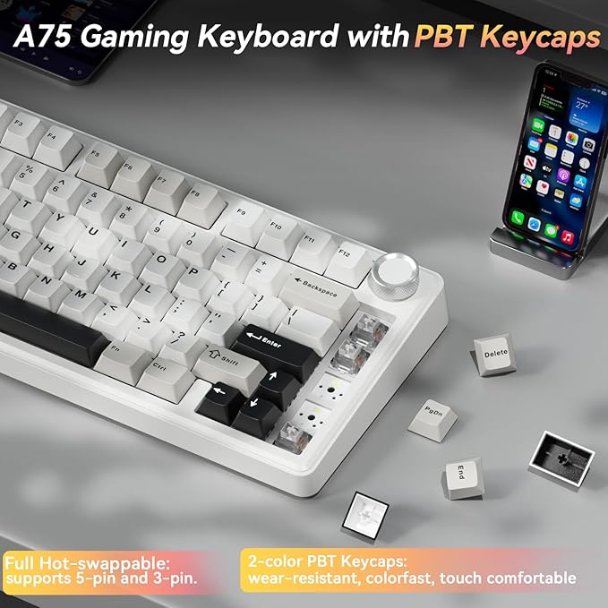 SOLAKAKA A75 75% Wireless Mechanical Keyboard Hot Swappable Gaming Keyboard with Multifunction Knob &amp RGB Gasket Mounted Creamy Keyboard PBT Keycaps Compact Layout for Win/Mac/PC