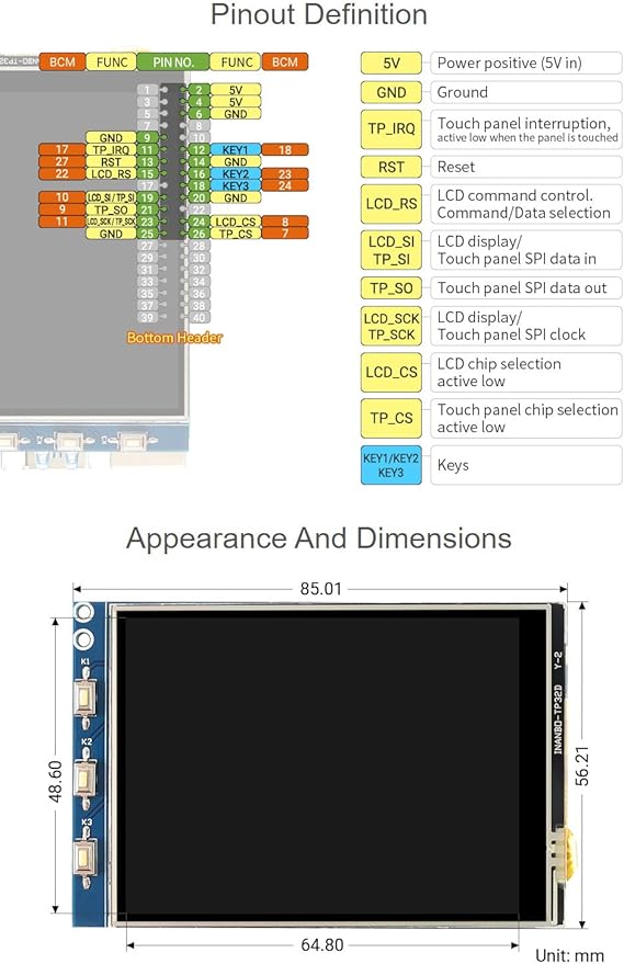Waveshare 3.2inch Resistive Touch Display Compatible with Raspberry Pi 4B/3B+/3B/2B/B+/A+/Zero/Zero W/WH/Zero 2W Series Boards 320×240 Resolution SPI
