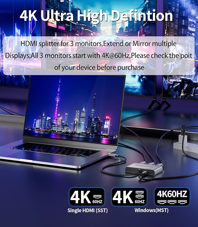 USB C to 3 × HDMI Adapter |4K60Hz HDMI Splitter Extended Display 1 in 3 Out MST Hub with 100W PD for Multiple Monitors Converter Compatible with LaptopPCUSB-C Graphics Card
