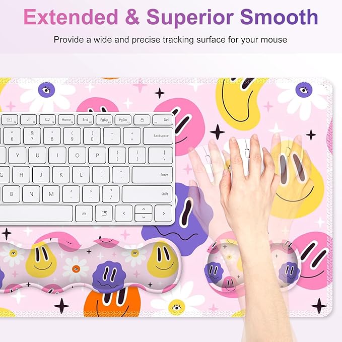 Gaming Mouse Pad Keyboard Wrist Support 4 in1 Mousepad with Wrist Keyboard Rest Computer Desk Mat Non-Slip Desk Pad Protector with Memory Foam Easy Typing Pain Relief I Cute Hippie Smiley