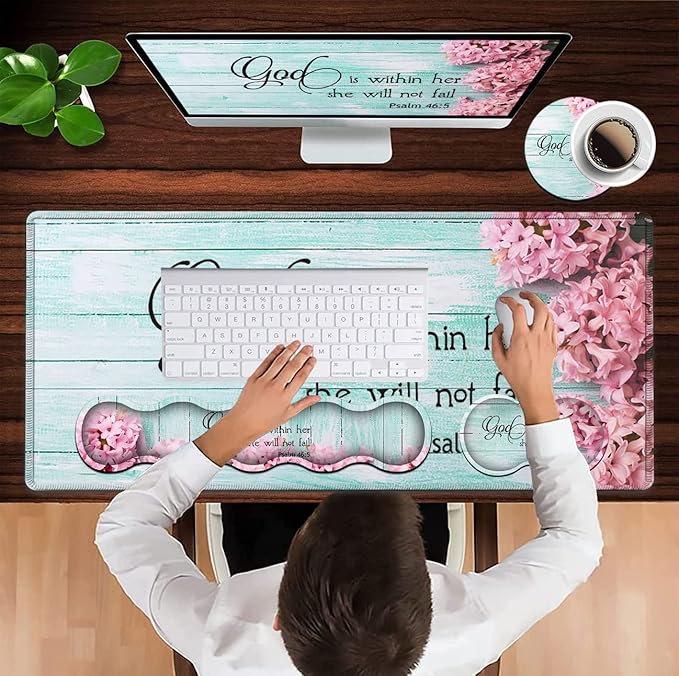 Mouse Pad Set Large Gaming Mouse Pad + Keyboard Wrist Rest Support + Mouse Wrist Cushion + Coaster Non-Slip Rubber Base 31.5 x 11.8 in Extended Desk Mat for Office Psalm 46-5 Pink Hyacinth