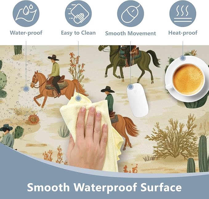 Mouse Pad Desk Mat Leather Desk Pad Large Gaming Desk Cover Protector Mat for Keyboard Computer Laptop Office Waterproof 47.2 x 23.6 Inch Cute Cacti Desert Cowboys Horses