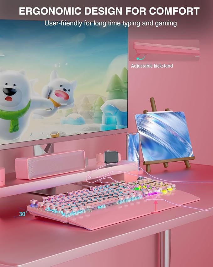 AULA F2088 Typewriter Mechanical Keyboard Pink Retro Wired Gaming Keyboard with Blue Switches Rainbow Backlit Round Keycaps Media Knob &amp Removable Wrist Rest