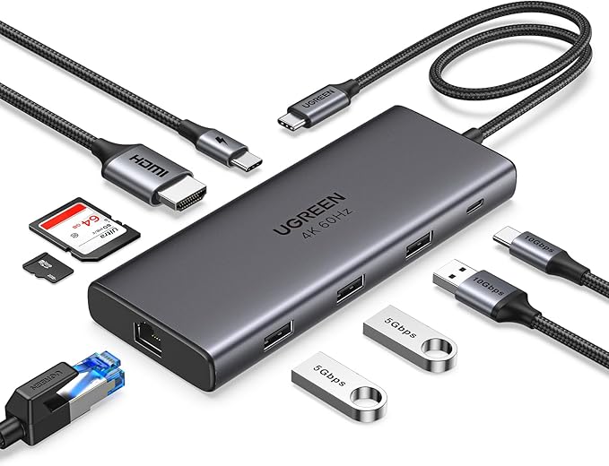UGREEN Revodok Pro 109 USB C Hub 9 in 1 10Gbps USB C 3.2 &amp USBA 3.2 4K HDMI 100W Power Delivery SD/TF Card Reader Gigabit Ethernet for MacBook Pro/Air iPhone 16 15 Pro/Max Thinkpad and More