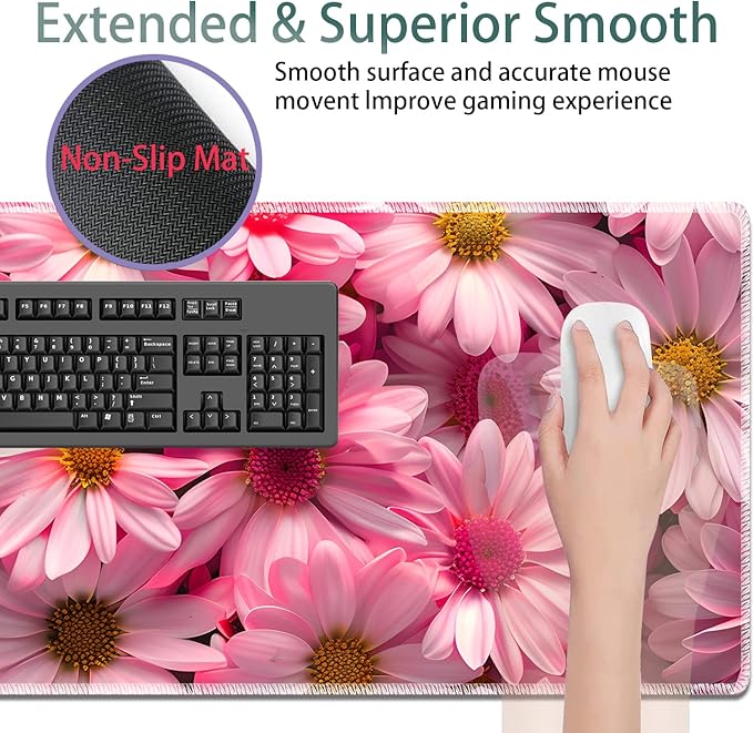 Large Gaming Mouse Pad + Keyboard Wrist Rest + Wrist Support + Coaster Set Memory Foam Ergonomic for Easy Typing XXL Extended Gaming Mouse Pad Table Pad - Pink Daisy