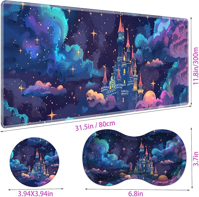 Large Gaming Mouse Pad + Mouse Wrist Rest Pad + Coaster Combination 31.5 x 11.8 Durable Non-Slip Extension Table Mat Suitable for Office and Home Astral Cloud Castle