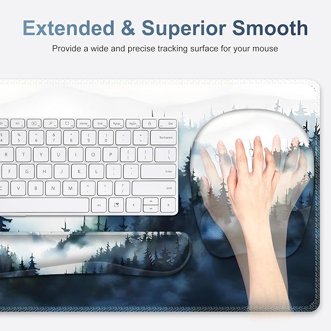 Large Mouse Pad Keyboard Wrist Rest Set Ergonomic Mouse Pad with Wrist Support Desk Mat with Stitched Edges + Coaster Extended Desk Pad Waterproof Desk Mat for Home Office Game I Misty Forest