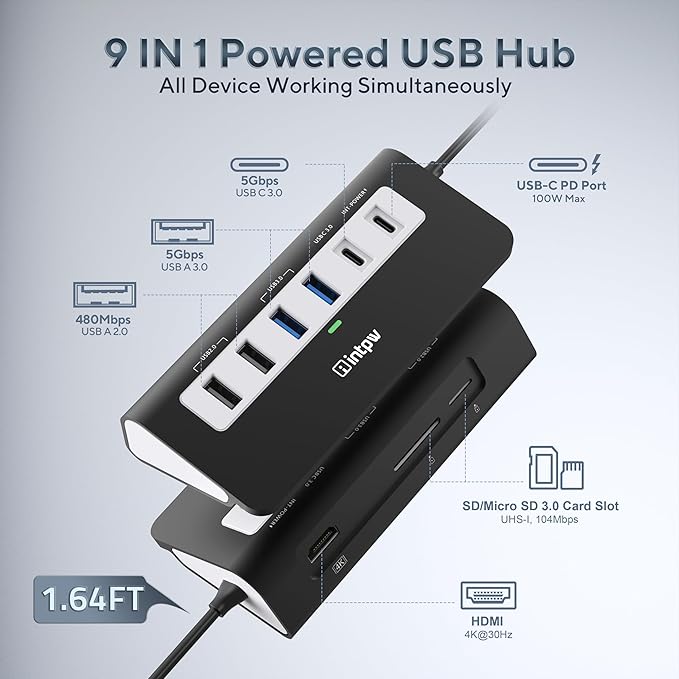 P9 USB C Hub INTPW 9-in-1 USB Multiport Adapter with 4K HDMI PD 100W USB-C and 2 USB A 3.0 5Gbps 2 USB A 2.0 SD/TF Card Reader Aluminum Powered USB Hub for PC iPhone 16/15 Series MacBook iPad