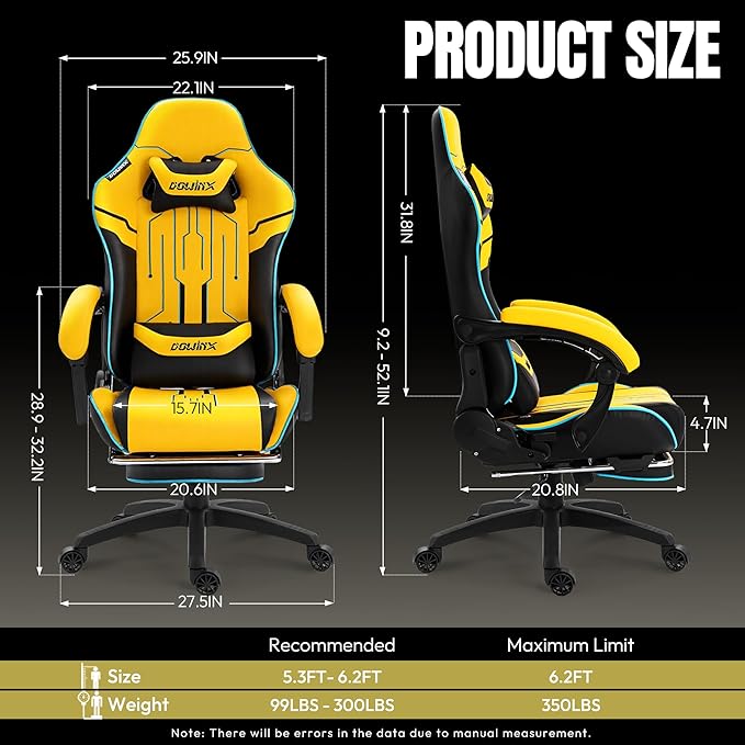 Dowinx Gaming Chair Big and Tall 350LBS Heavy Duty PC Gaming Chair with Massage &amp Footrest Ergonomic Reclining Gamer Chair with Embroidered Esports Design Yellow