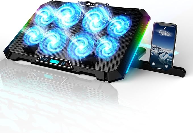 KLIM V8 Gaming Laptop Cooling Pad with 8 Fans + New Version + Gaming Laptop Cooler + Stable RGB Laptop Stand with Fan + Compatible up to 17 + 2 USB Ports + Phone Holder + 5 Year Assurance