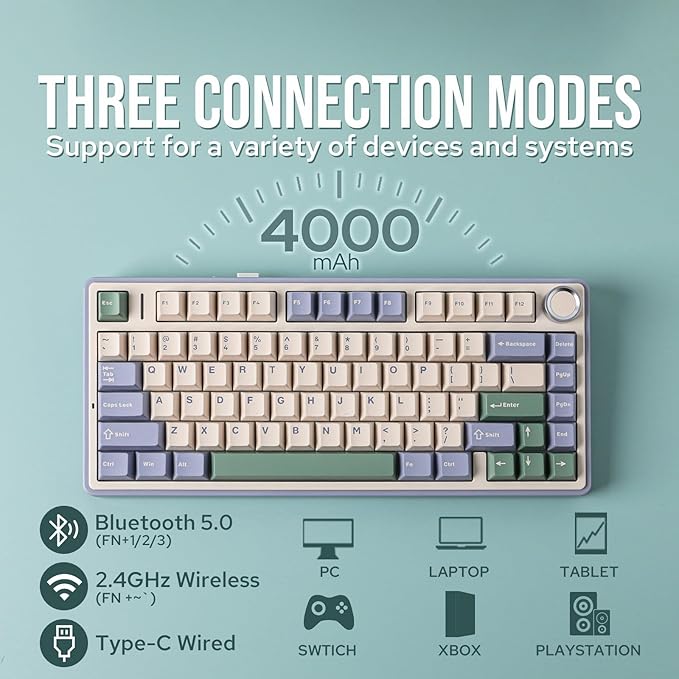 EPOMAKER x Aula F75 Gasket Mechanical Keyboard 75% Wireless Hot Swappable Gaming Keyboard with Five-Layer Padding&ampKnob Bluetooth/2.4GHz/USB-C RGB (Green Crescent Switch)