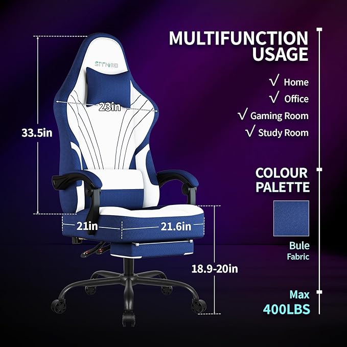Gaming Chair Ergonomic Computer Chair with Footrest Big Tall PC Gamer Chair with Headrest and Massage Lumbar Support 360° Swivel Height Adjustable Fabric Video Office Chairs for Adults (Blue)