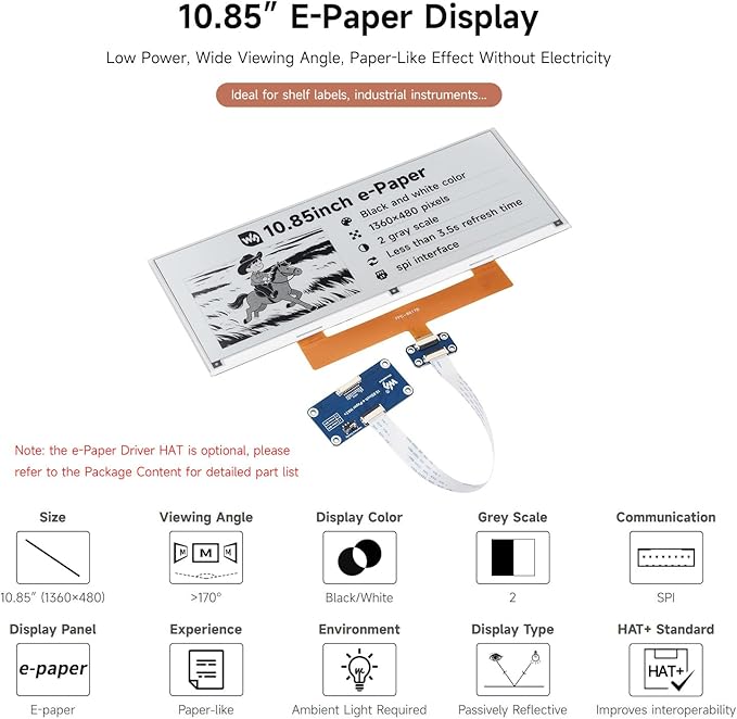 Waveshare 10.85inch e-Paper Display Compatible with Raspberry Pi 5/4B/3B/Zero/Zero W/Zero 2W/Pico/Pico W/Pico WH E-Ink Display 1360 × 480 Black/White SPI Interface with Driver Board