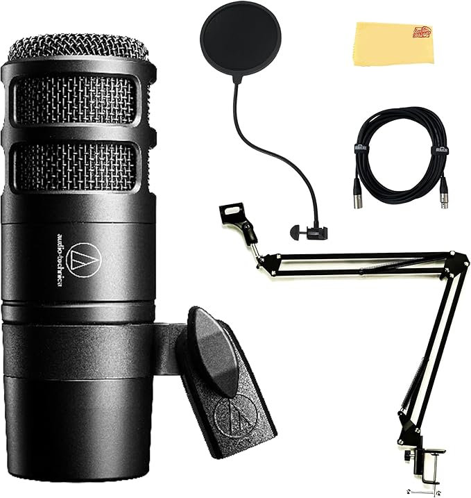 Audio-Technica AT2040 Hypercardioid Dynamic Podcast Microphone Bundle with Pop Filter Boom Arm XLR Cable and Austin Bazaar Polishing Cloth