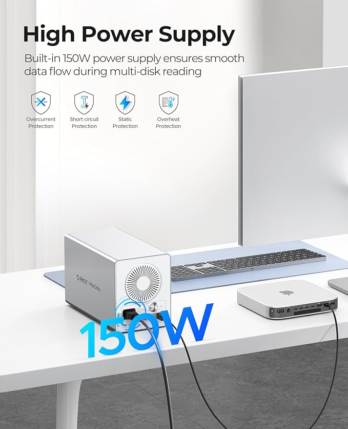 ORICO 4-Bay RAID External Hard Drive Enclosure USB 3.0 for 2.5/3.5 Inch SATA HDD/SSD Supports Up to 22TB RAID 0/1/3/5/10/JBOD 5Gbps Transfer Silent Cooling Fan