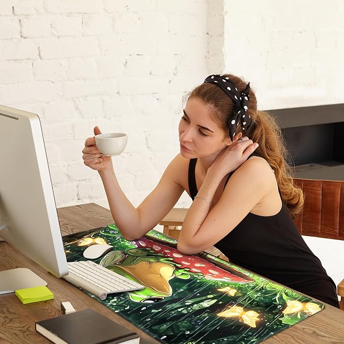 Warm Desk PadHeated Desk Pad Mouse Mat Gamingwith 3 Heating Levels &amp 3 Hours Auto Shut-OffLeather 31.5 x 13 Foot Warmer Keyboard Office MatCute Frog Mushroom